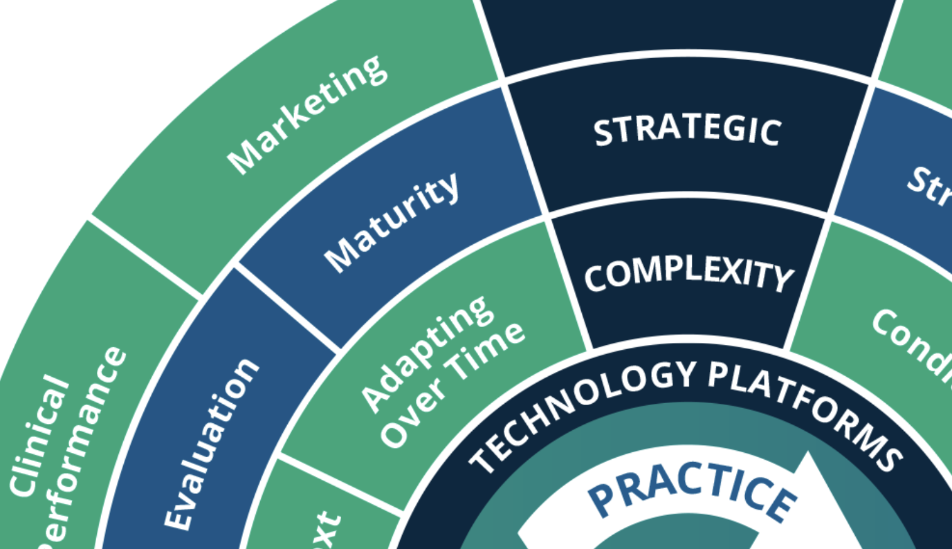 A circular diagram showing words like maturity and marketing over time.